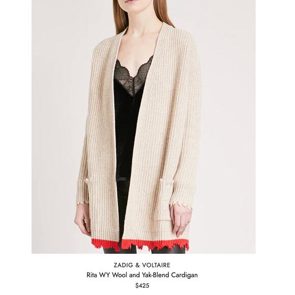 Zadig & Voltaire Rita Beige Wool Yak Cardigan Sweater Red Fringe Hem Medium - Picture 9 of 9